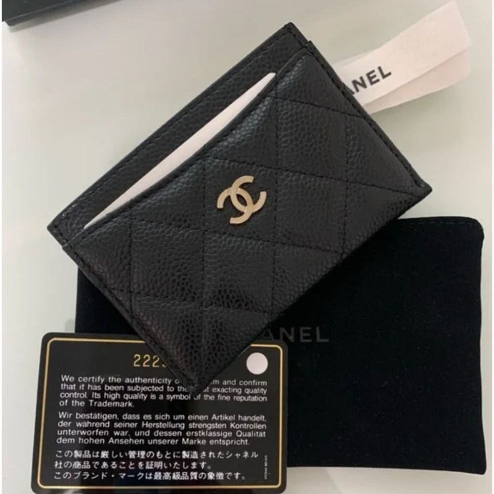 CHANEL GOLD Classic Black Caviar Leather Card Holder